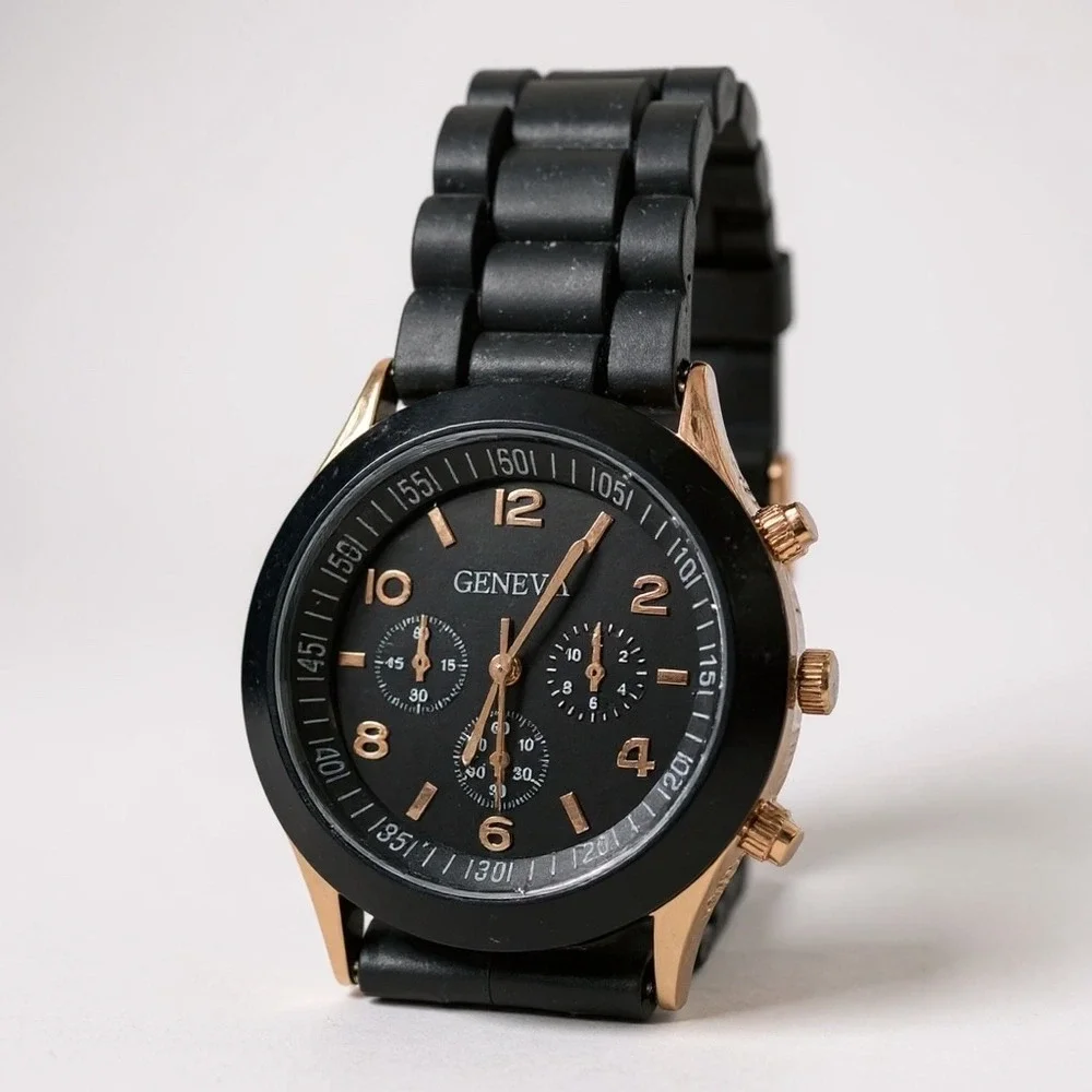 Geneva Watch Black Silicone Band Gold Accents Women's‎ Fashion Wristwatch